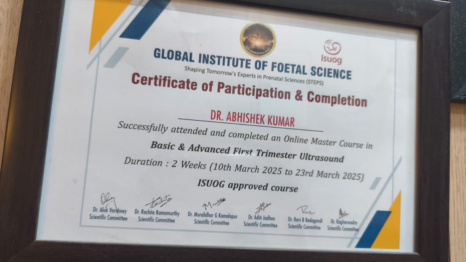 ISUOG approved certificate — first trimester ultrasound